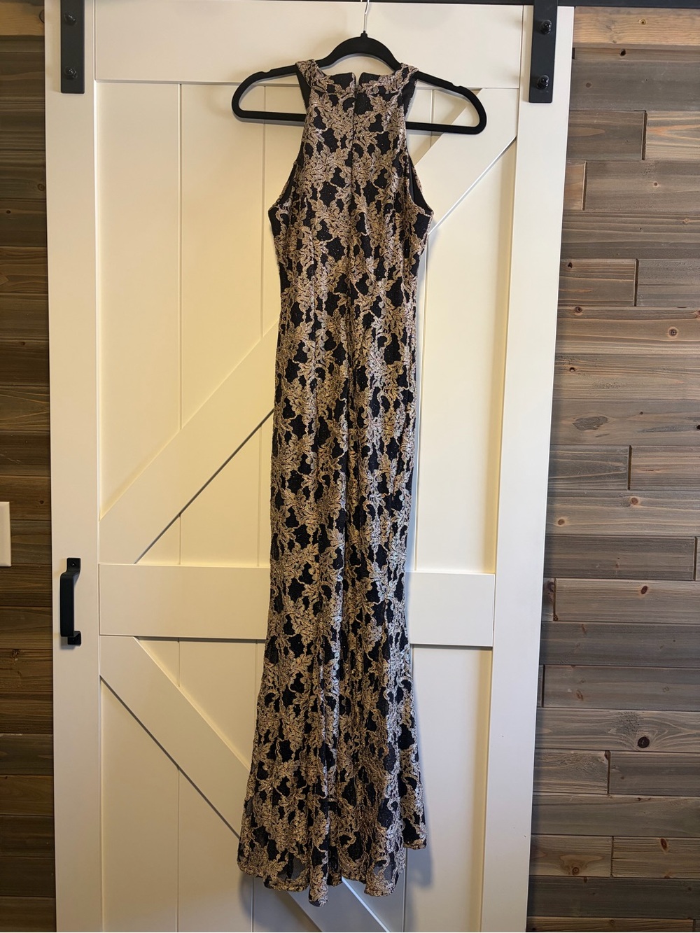 Sleeveless Black & Beige Lace Maxi Dress